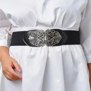 Black Elegant Gothic Victorian Bucket Faux Leather Stretchy Elastic Belt